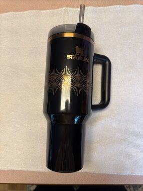 Stanley Black Tumbler with Gold Geometric Accents and Handle